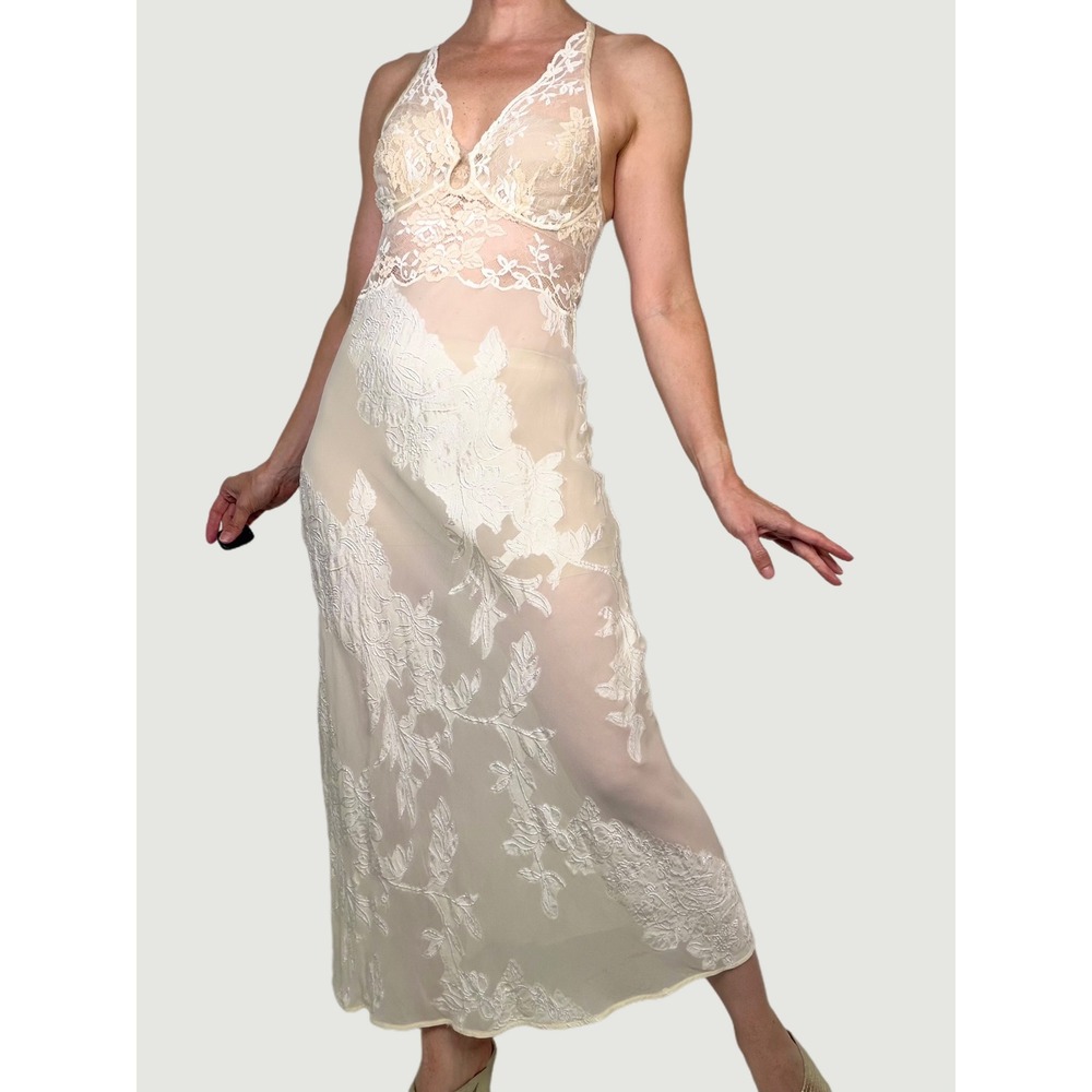 La Perla Silk Vintage Lace Halter Maxi Slip Dress Cream Floral Embroidery S 2